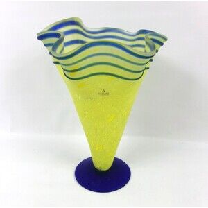 Zodax Glass Yellow Trumpet Blue Swirl Handkerchief Vase Vessel Portugal